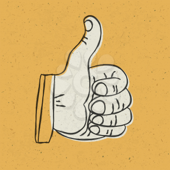 Retro styled thumb up symbol on yellow textured background. Vector illustration, EPS10