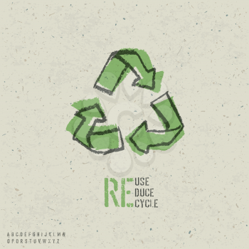 Reuse, reduce, recycle poster design.  Include reuse symbol image, seamless reuse paper texture in swatch palette and stencil alphabet. Vector, EPS10