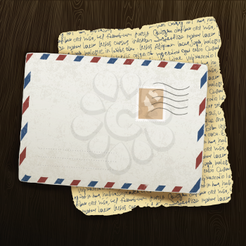 Vintage envelope and letter on wooden background. Vector illustration, EPS10