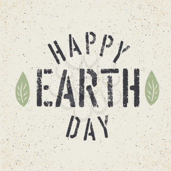 Happy Earth Day. Grunge lettering with Leaf symbol. Stencil grunge alphabet. Tee print design template