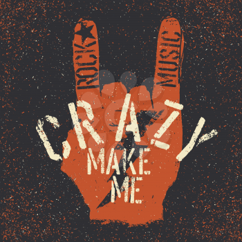 Rock music make me crazy. Grunge lettering with Rock On or Horn gesture and thunderbolt. Stencil grunge alphabet. Tee print design template
