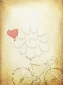 Vintage Valentines Illustration with Bicycle and Heart Baloon. Aged Vector Template