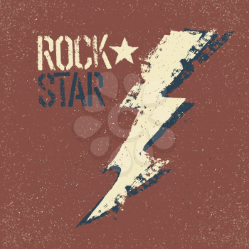 Rockstar. Grunge lettering with thunderbolt symbol. Tee print design template