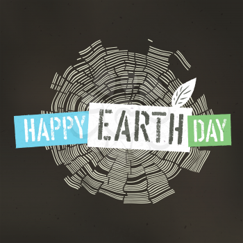 Happy Earth Day Poster. Tree rings symbolic illustration on the recycled paper texture. 22 April
