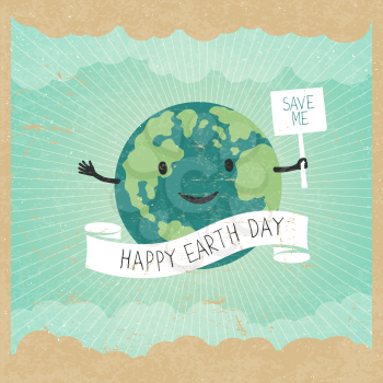 Cartoon Earth Illustration. Planet smile and hold banner with Save Me words. Vintage Earth Day Poster. Rays, clouds, sky. Text on white ribbon. On old paper texture. Grunge layers easily edited.