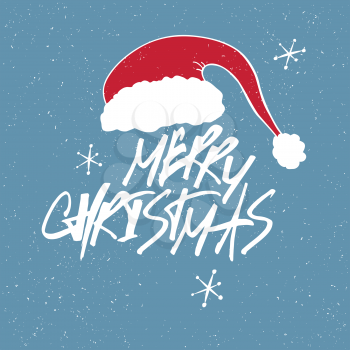 Merry Christmas Lettering. Red letters on blue textured background. With snowflakes and Santa`s hat.
