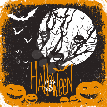 Halloween vector illustration. Dry tree, full moon and pumpkins and bats