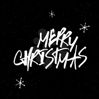 Merry Christmas Lettering. White letters on Black textured background. With snowflakes.