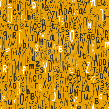 Seamless letters pattern. On yellow paper texture. Different hand drawn alphabets