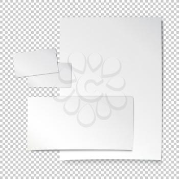 Corporate identity template. Empty letter envelope, business card and paper sheet. On transparent background.