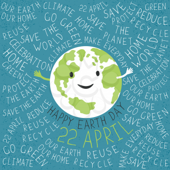 Happy Earth Illustration. Earth smile. Happy Earth Day. 22 April text. Typographic Earth Day Poster.  Text around the Earth. Grunge layers easily edited.