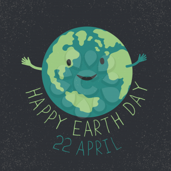 Earth Day Illustration. Earth smiling and reveals a hug. Happy Earth Day. 22 April text. Grunge layers easily edited.