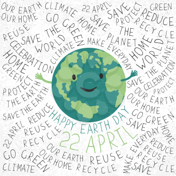 Happy Earth Illustration. Earth smile. Happy Earth Day. 22 April text. Typographic Earth Day Poster.  Text around the Earth. Grunge layers easily edited.