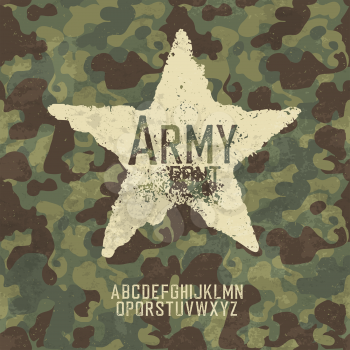 Military stamp letters. Army font with camouflage seamless pattern and star. 26 upper case latin letters.