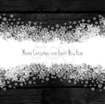 Merry Christmas and Happy New Year. Snowflakes line white. Isolated center area for greeting. On wooden background texture. Black and white, vector.