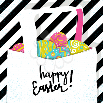 Retro greeting card. Basket with Easter eggs. Diagonal lines background. Easter pop-art style postcard.