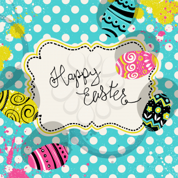 Happy Easter retro greeting card with vintage label and eggs. Pop-art colors polka dot background with color splashes. Vintage label on tablecloth.