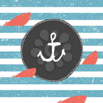 Marine background. Blue lines pattern. Red fish. Nautical card design label with anchor symbol