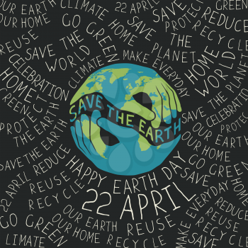 Earth Day Poster. Hands shaped looks like the Earth planet. Typographic ecology theme  concept illustration. Text around the planet.