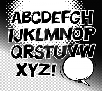 Comic black and white alphabet and speech bubble element. Halftone circle on transparent background. Vector set. Comic text. Vector bubble icon speech phrase. Comics book balloon. Halftone background.