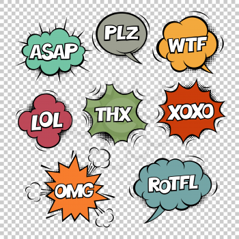 Most common used internet acronyms on comics style colorful speech bubbles. On transparent background