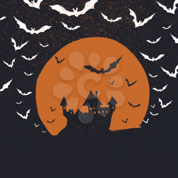 Halloween poster background. Castle, bats and moon. Isolated to black