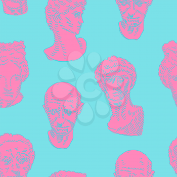 Classic head statue background in neon colors. Vector statue Hand drawn pattern.