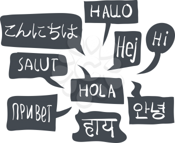 Multilingual greetings in speech bubbles.