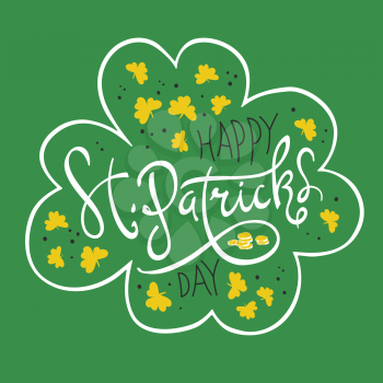 Happy Saint Patrick Day logo. Celebration design for March, 17th. Hand drawn lettering typography. Four leaf shape composition