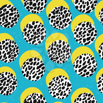 Pop-art style african seamless print. Yellow Circles and Leopard texture on Blue Background. 
