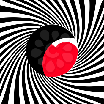 The black and white stripes twisting into the tunnel form and hole through which a red heart is visible. Valentine day concept, vector illustration.