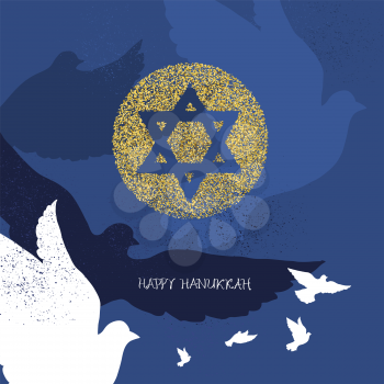 Golden Star of David with dove silhouettes vector illustration. Hanukkah greeting cards. Flying Pigeon symbol of peace.