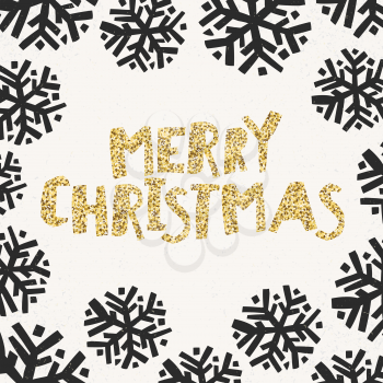 Merry Christmas greetings. Christmas typography on white background with snowflakes silhouettes.