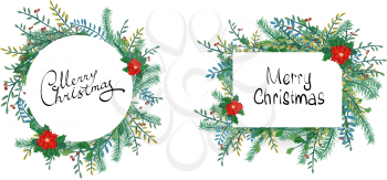 Floral Christmas Wreath. Hand drawn vector Christmas card with poinsettia elements, fir branches and cones. Merry Christmas greeting on circle and rectangle copy space shapes.
