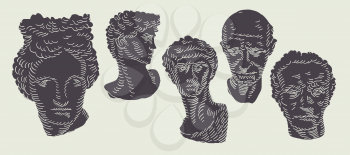 Classic gypsum head statue background concept. Vector statue collection. Hand drawn vector doodle illustration.