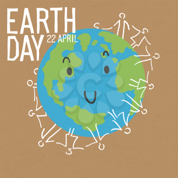 Save the earth concept poster. Earth is a funny character. People are holding hands in a circle. Vector illustration