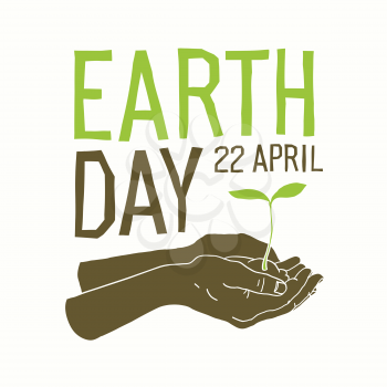 Earth day logo, 22 April. Plant in hand. On paper tone background