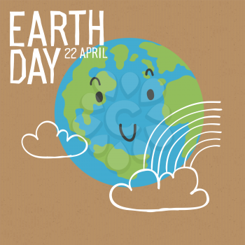 Cute Earth character with cloud and rainbow. Earth day or Save the earth concept poster. Vector illustration