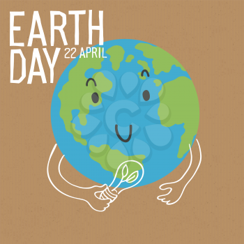 Cute Earth character with energy saver lamp in hands. Save the earth concept poster. Vector illustration