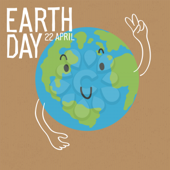 Cute Earth character with victory sign gesture. Earth day . Save the earth concept poster. Vector illustration