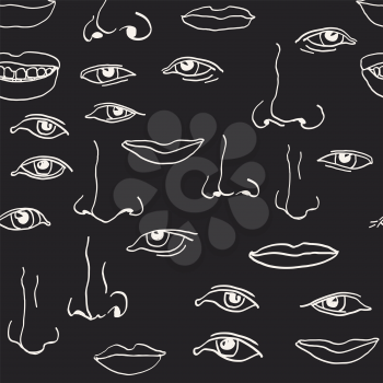 Face parts. Nose, eyes, mouth. Seamless linear pattern. On black