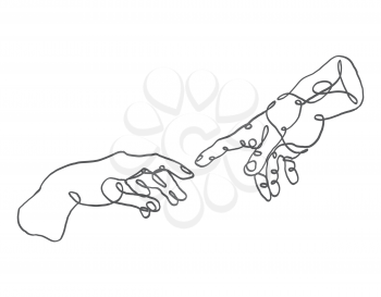 Continuous one line drawing. Adam and God hands. Linear style vector