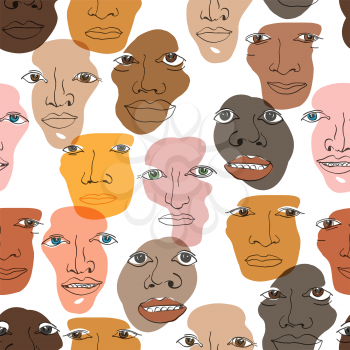 Multi-ethnic faces seamless pattern. Different ethnicity men - Caucasian, African, Asian. Abstract faces