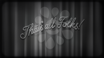 Black noir screen with curtains and typography That's all folks! Vintage retro scene with lettering like in old time hollywood movies
