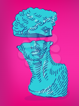 Abstract vector art illustration. Michelangelo's David classical head bust sliced in two in blue and pink vaporwave style.