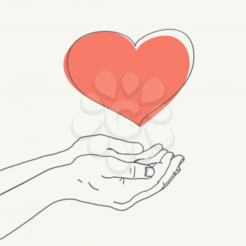 Heart in hands, vector illustration. Heart symbol in two abstract hands. Concept poster on aged paper background.