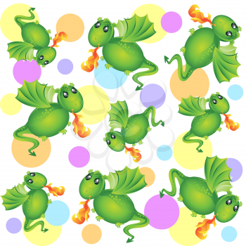Funny seamless pattern with cute green dragons