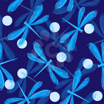 Decorative seamless pattern with cute blue dragonflies