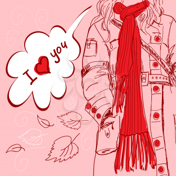 Valentine card. Girl with long red scarf says: I love you