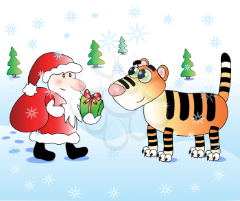 Santa Claus with a gift for cute tiger